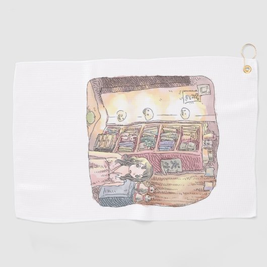 さなくむじ  薄暗いお部屋で本棚のそばに浮いているぼんやり光る物体と女性のイラスト ゴルフタオル (横)