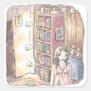 さなくむじ 薄暗いお部屋で本棚のそばに浮いているぼんやり光る物体と女性のイラスト スクエアシール