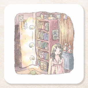 さなくむじ 薄暗いお部屋で本棚のそばに浮いているぼんやり光る物体と女性のイラスト スクエアペーパーコースター