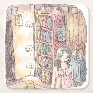 さなくむじ 薄暗いお部屋で本棚のそばに浮いているぼんやり光る物体と女性のイラスト スクエアペーパーコースター