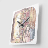 さなくむじ   薄暗いお部屋で本棚のそばに浮いているぼんやり光る物体と女性のイラスト スクエア壁時計 (傾斜)