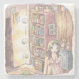 さなくむじ 薄暗いお部屋で本棚のそばに浮いているぼんやり光る物体と女性のイラスト ストーンコースター
