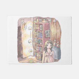 さなくむじ 薄暗いお部屋で本棚のそばに浮いているぼんやり光る物体と女性のイラスト ドアマット