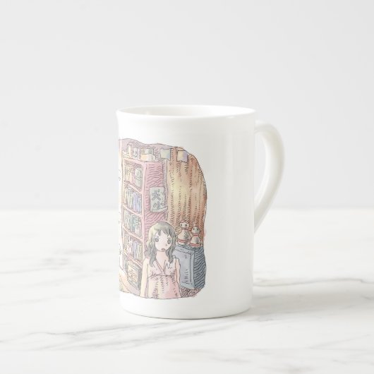 さなくむじ   薄暗いお部屋で本棚のそばに浮いているぼんやり光る物体と女性のイラスト ボーンチャイナマグカップ (正面右)