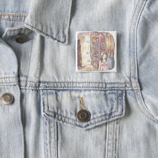 さなくむじ 薄暗いお部屋で本棚のそばに浮いているぼんやり光る物体と女性のイラスト 缶バッジ (インサイチュ)