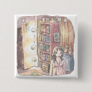 さなくむじ 薄暗いお部屋で本棚のそばに浮いているぼんやり光る物体と女性のイラスト 缶バッジ