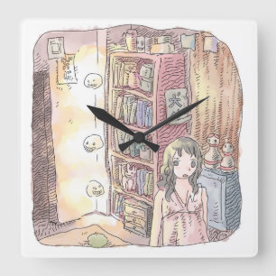 さなくむじ   薄暗いお部屋で本棚のそばに浮いているぼんやり光る物体と スクエア壁時計