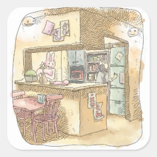 さなくれじ   うさぎのいる黄色いキッチンで冷蔵庫を開けようとする女性の後ろ姿のイラスト スクエアシール