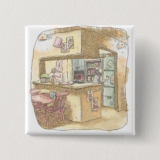 さなくれじ うさぎのいる黄色いキッチンで冷蔵庫を開けようとする女性の後ろ姿のイラスト 缶バッジ (正面)