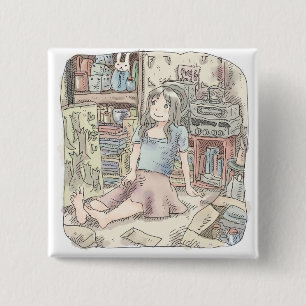 さなごさじ 散らかったお部屋の開きっぱなしの押し入れの前にへたり込む女性のイラスト 缶バッジ