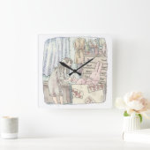 さなごなじ 箪笥のあるお部屋で段ボールの中のウサギに手を差し伸べる女性のイラスト スクエア壁時計 (ホーム)