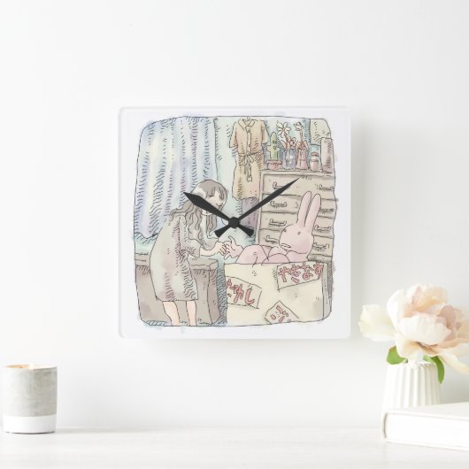 さなごなじ 箪笥のあるお部屋で段ボールの中のウサギに手を差し伸べる女性のイラスト スクエア壁時計 (ホーム)