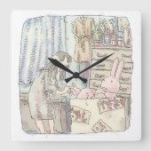 さなごなじ 箪笥のあるお部屋で段ボールの中のウサギに手を差し伸べる女性のイラスト スクエア壁時計 (正面)