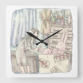 さなごなじ　　箪笥のあるお部屋で段ボールの中のウサギに手を差し伸べる女性のイラスト スクエア壁時計