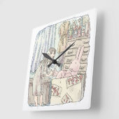 さなごなじ 箪笥のあるお部屋で段ボールの中のウサギに手を差し伸べる女性のイラスト スクエア壁時計 (傾斜)