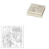 さなごなじ  箪笥のあるお部屋で段ボールの中のウサギに手を差し伸べる女性のイラスト ラバースタンプ (押印)