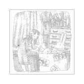 さなごなじ  箪笥のあるお部屋で段ボールの中のウサギに手を差し伸べる女性のイラスト ラバースタンプ (インプリント)