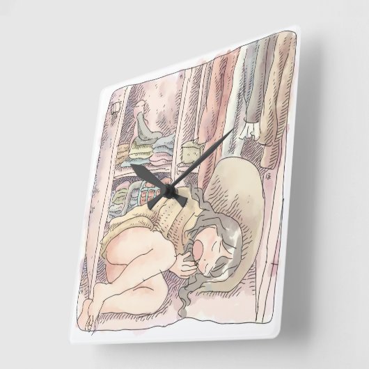 さなごにじ 衣類の沢山しまってある開けっ放しのクロゼットの前で横になる素足の女性 スクエア壁時計 (傾斜)