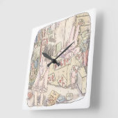 さなごむじ お部屋の段ボールの中で震えているウサギを見ている女性のイラスト スクエア壁時計 (傾斜)