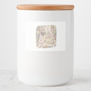 さなごむじ お部屋の段ボールの中で震えているウサギを見ている女性のイラスト フードラベル