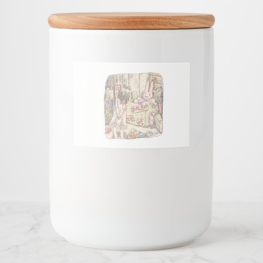 さなごむじ  お部屋の段ボールの中で震えているウサギを見ている女性のイラスト フードラベル (正面)