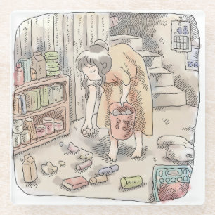 さなささじ  部屋の階段わきで屈んでたくさん落ちているゴミを拾う女性のイラスト ガラスコースター