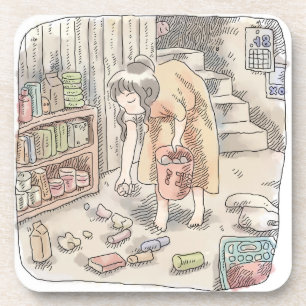 さなささじ  部屋の階段わきで屈んでたくさん落ちているゴミを拾う女性のイラスト コースター