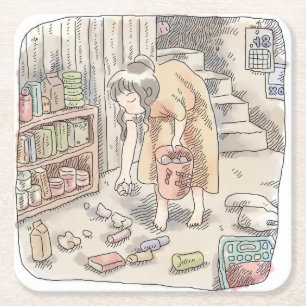 さなささじ  部屋の階段わきで屈んでたくさん落ちているゴミを拾う女性のイラスト スクエアペーパーコースター