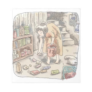 さなささじ  部屋の階段わきで屈んでたくさん落ちているゴミを拾う女性のイラスト ノートパッド