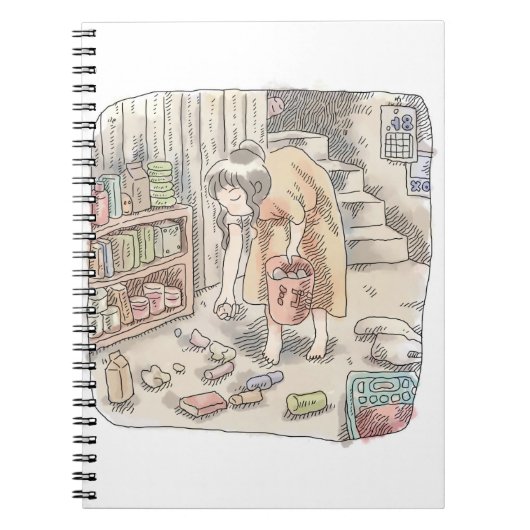 さなささじ  部屋の階段わきで屈んでたくさん落ちているゴミを拾う女性のイラスト ノートブック (正面)