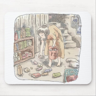 さなささじ 部屋の階段わきで屈んでたくさん落ちているゴミを拾う女性のイラスト マウスパッド