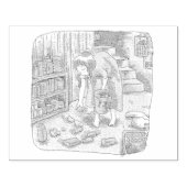 さなささじ 部屋の階段わきで屈んでたくさん落ちているゴミを拾う女性のイラスト ラバースタンプ (インプリント)