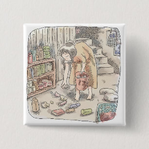 さなささじ 部屋の階段わきで屈んでたくさん落ちているゴミを拾う女性のイラスト 缶バッジ