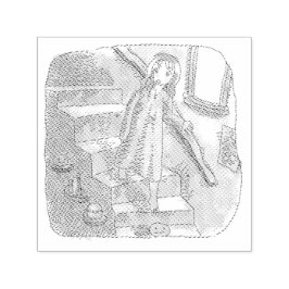 さなさにじ  薄暗い水色の下り階段を手すりを持ってゆっくり歩いているワンピースの女性のイラスト セルフインキングスタンプ