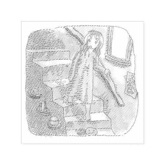 さなさにじ 薄暗い水色の下り階段を手すりを持ってゆっくり歩いているワンピースの女性のイラスト セルフインキングスタンプ (デザイン)