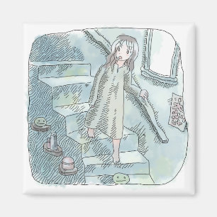 さなさにじ  薄暗い水色の下り階段を手すりを持ってゆっくり歩いているワンピースの女性のイラスト マグネット