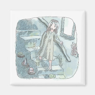 さなさにじ 薄暗い水色の下り階段を手すりを持ってゆっくり歩いているワンピースの女性のイラスト マグネット