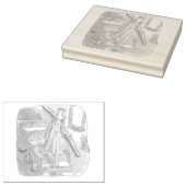 さなさにじ  薄暗い水色の下り階段を手すりを持ってゆっくり歩いているワンピースの女性のイラスト ラバースタンプ (押印)