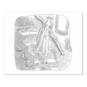 さなさにじ  薄暗い水色の下り階段を手すりを持ってゆっくり歩いているワンピースの女性のイラスト ラバースタンプ (インプリント)