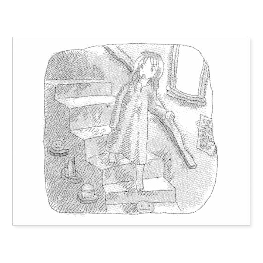 さなさにじ  薄暗い水色の下り階段を手すりを持ってゆっくり歩いているワンピースの女性のイラスト ラバースタンプ (インプリント)