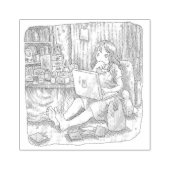 さなさむじ カーテンと炬燵のあるお部屋で素足で座ってノートパソコンを眺める女性のイラスト ラバースタンプ (インプリント)