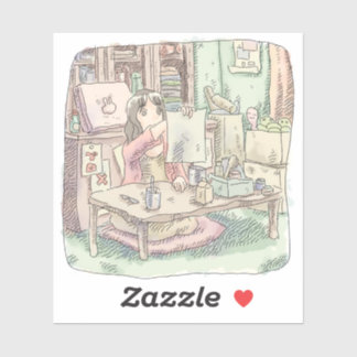 さなししじ　部屋で茶色い机の前に座って書き上げた紙を持っている女性のイラスト シール