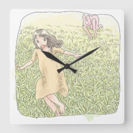 さなしむじ　広い緑の草原を追いかける兎から走って逃げる橙色のワンピースの女性 スクエア壁時計