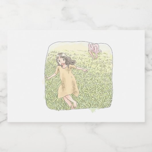 さなしむじ  広い緑の草原を追いかける兎から走って逃げる橙色のワンピースの女性 フードラベル (シングルラベル)