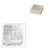 さななむじ 茶色いお部屋で机に向かい座ってお茶を楽しむ女性のイラスト ラバースタンプ (押印)