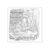 さななむじ 茶色いお部屋で机に向かい座ってお茶を楽しむ女性のイラスト ラバースタンプ (インプリント)