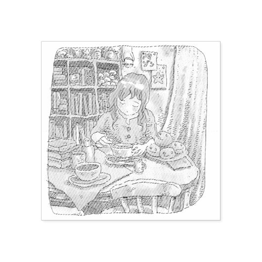 さななむじ 茶色いお部屋で机に向かい座ってお茶を楽しむ女性のイラスト ラバースタンプ (インプリント)