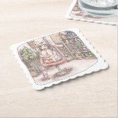 さなにくじ  本棚のある部屋、赤い椅子の上に座って身体を丸める女性のイラスト ペーパーコースター (アングル)