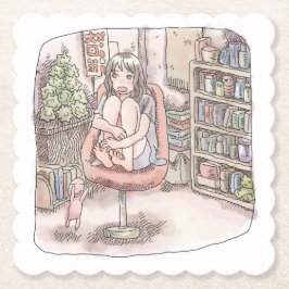 さなにくじ  本棚のある部屋、赤い椅子の上に座って身体を丸める女性のイラスト ペーパーコースター