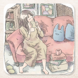 さなににじ お部屋の中で真っ赤なソファに腰を掛けてまったりカップをすする女性のイラスト スクエアペーパーコースター